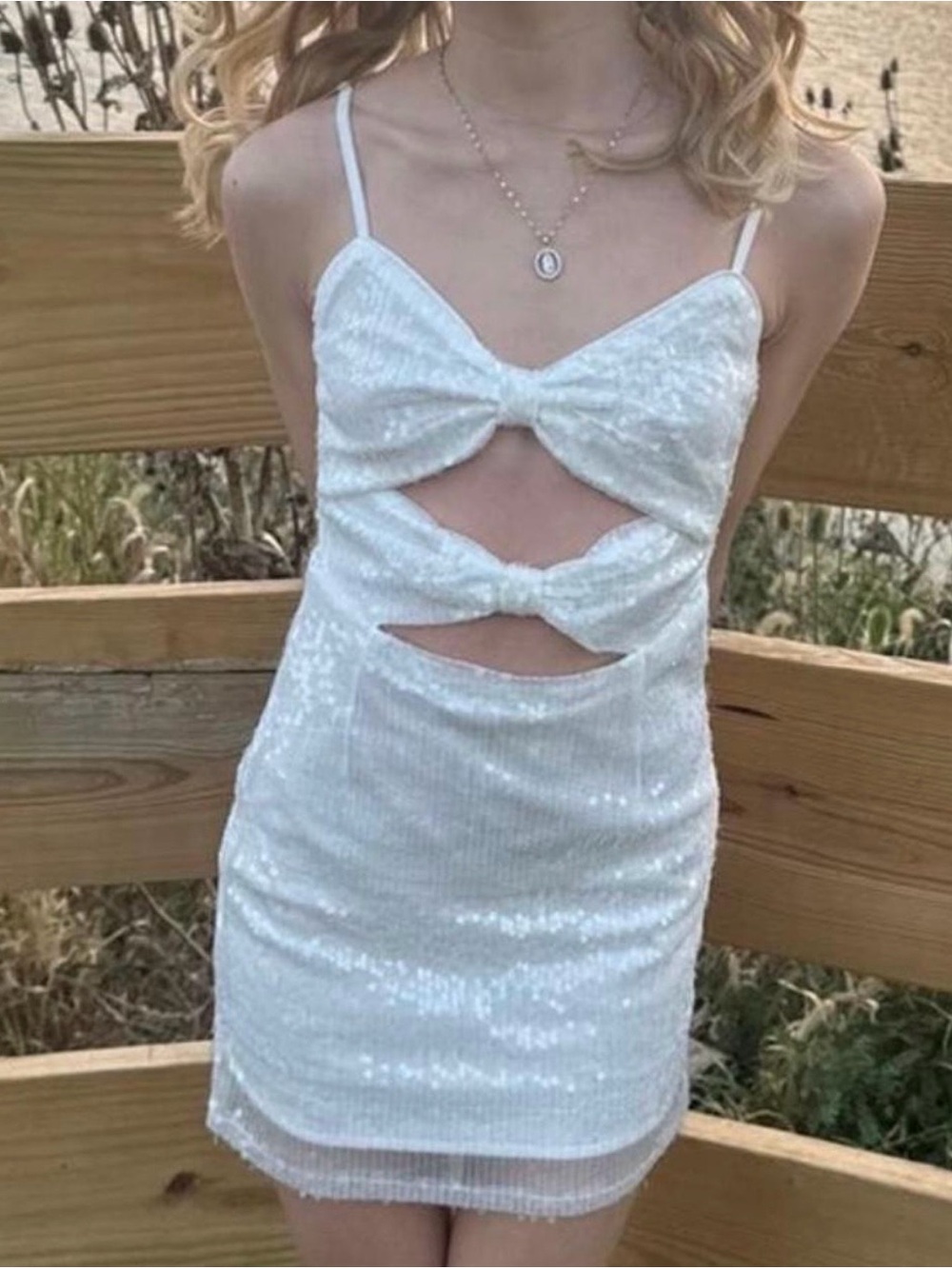 LuLus White Sequin Cutout Mini Dress with Bow Front